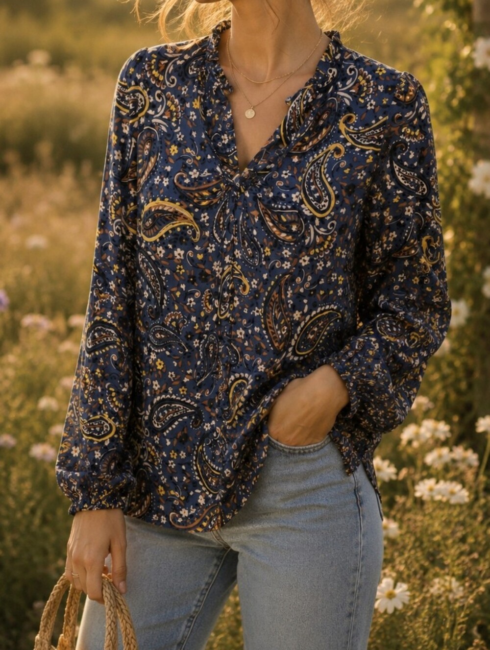 NWT Apricot Navy Paisley Tie-Neck Boho Blouse 100% Viscose Peasant Floral